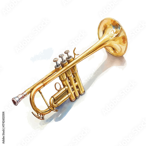 Golden Trumpet, watercolor painting vector, isolated on a white background.