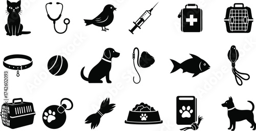 Collection of pet care icons including animals veterinary medical supplies and accessories