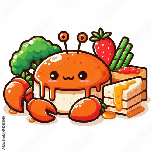 Cartoon food crab orange dome claws kawaii face  surrounding sweets  veggies