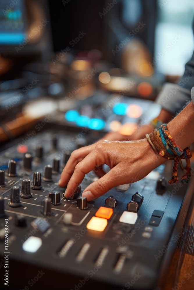 Fototapeta premium Close-up of Hands Adjusting Audio Interface in Creative Streaming Room