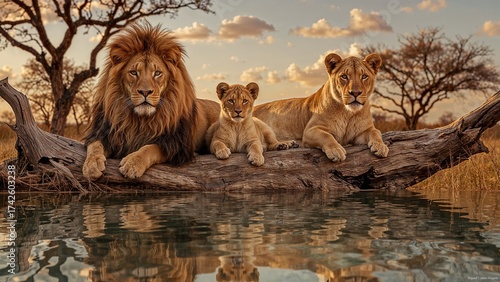 Family lion one cub couple lying close together in the savannah