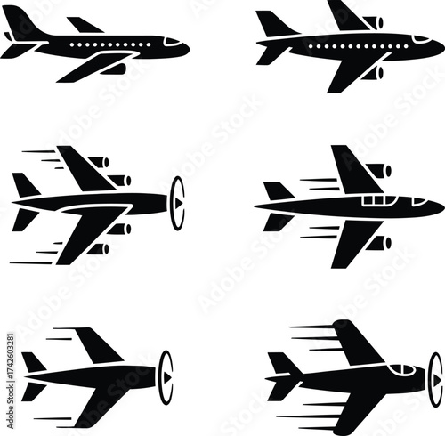 Flying Airplane Icons – Black Silhouette Vector Pack