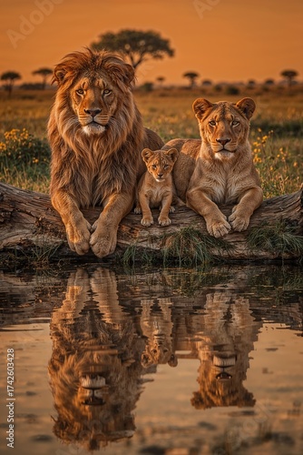 Family lion one cub resting together on dry grassland