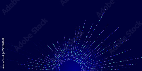 Binary code streams radiate from center as dotted lines. Digital data flow graphic for tech, AI or network concepts. Abstract visualization of information transfer or system expansion.