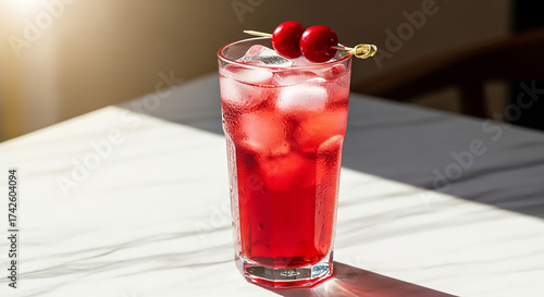Refreshing Red Cocktail with Cherries and Ice on a Sunny Day