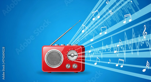 Retro Radio Broadcasting Music Notes on Blue Background