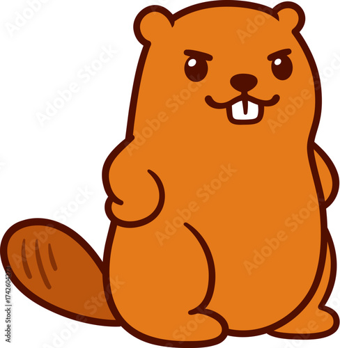 Cute cartoon brave beaver, confident mascot character. Isolated vector clip art illustration.