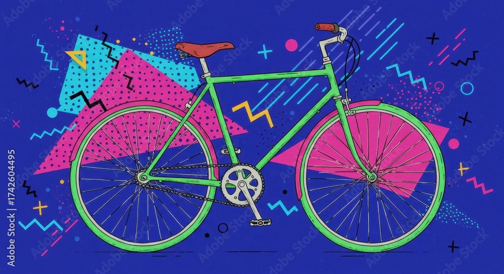 Fototapeta premium Green bicycle design featuring pink accents, set against a blue background adorned with bright geometric shapes and lines in various colors, highlighting a retro and stylized theme, showcasing...