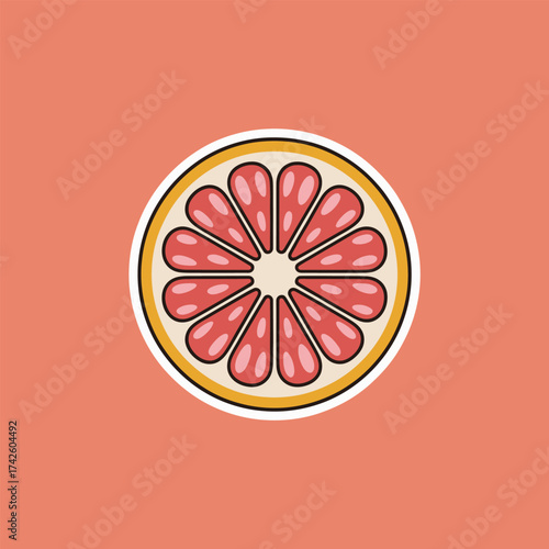 A vibrant grapefruit sticker with a juicy pink interior and a golden rind, set against a soft coral backdrop, perfect for adding a touch of citrusy freshness to any design
