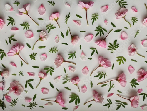    Floral pattern of fresh delicate pink flowers on a white background. Beautiful fresh composition. Spring, creativity, art