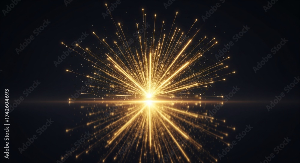 Obraz premium Bright golden particles explode and reflect on a dark surface, creating a dynamic abstract background.