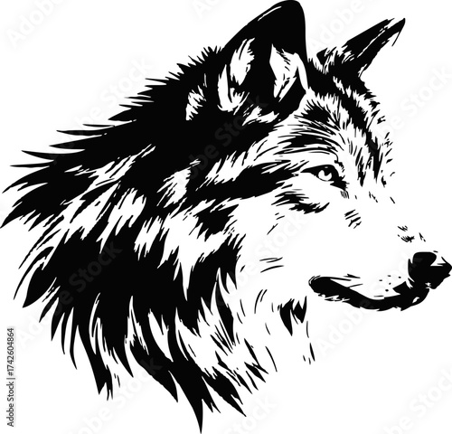 Wolf head vector, hand drawn black and white sketch, detailed fur profile — stock vector
