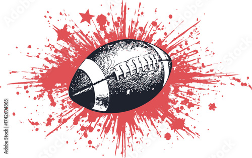 American football ball vector with red paint splatter and grunge stars — stock vector