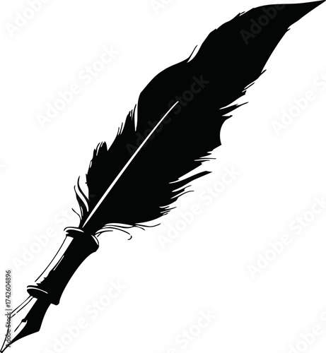 Quill pen vector silhouette, hand drawn feather with classic nib — stock vector