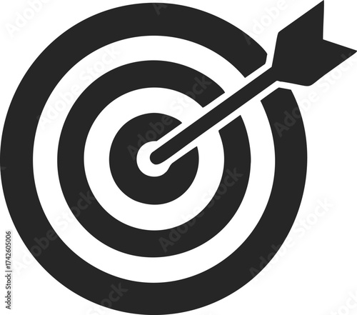 Target icon vector, black and white bullseye with arrow hitting center — stock vector