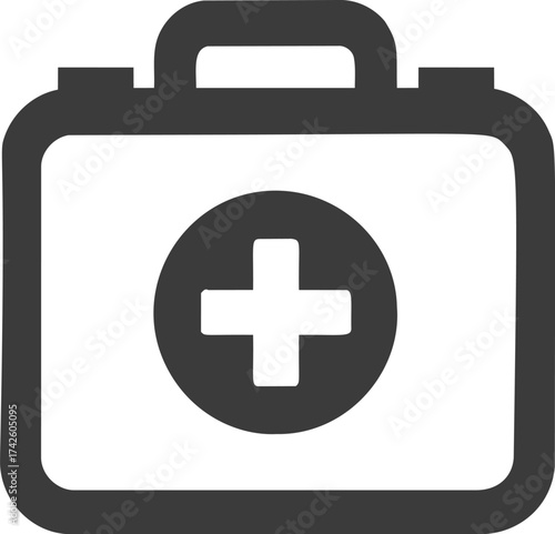 First aid kit vector icon, bold black line art, medical cross symbol in center — stock vector