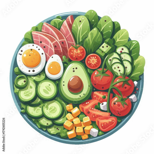 Salad with eggs avocado tomatoes cucumbers cheese and fish on a blue plate