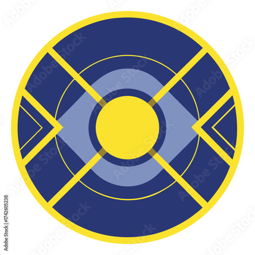 Concentric circles stripes in yellow and navy blue abstract design, Abstract geometric design with concentric yellow circles and dark blue background, featuring diagonal stripes for a dynamic feel.