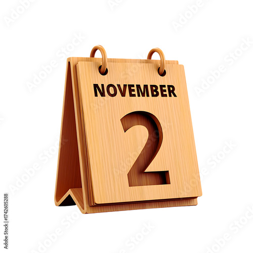 Golden desk calendar showing november 2nd isolated symbolizing a specific date or event isolated on transparent background