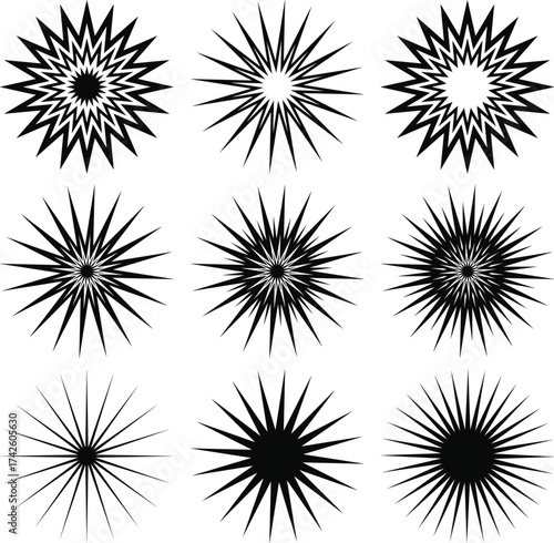 Collection of nine geometric starburst shapes featuring intricate radial patterns and sharp pointed edges vector