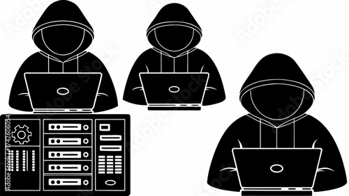 Three hooded figures using laptops with server rack in black and white vector illustration style art silhouette