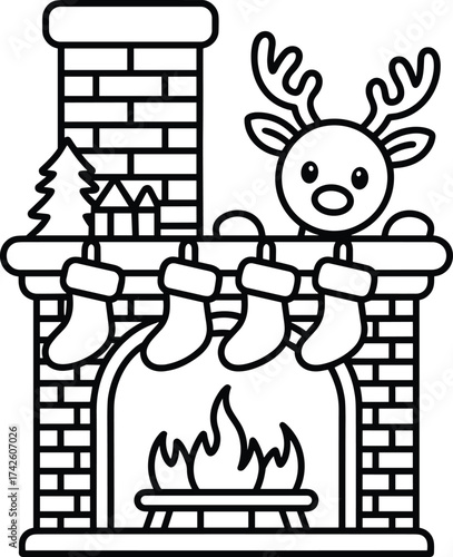 Cute reindeer peeking over fireplace with stockings and Christmas tree vector