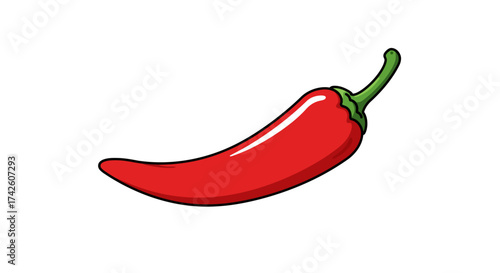 Cartoon Red Chili Pepper with Green Stem and Black Outline.