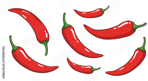 Cartoon Illustration of Red Chili Peppers with Green Stems.