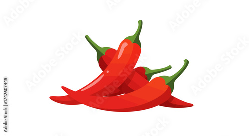 Group of Three Vibrant Red Chili Peppers with Green Stems.