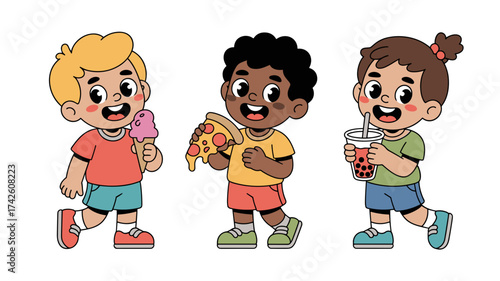 Joyful kids enjoying tasty treats on a sunny day, perfect for fun designs or educational materials, originally a scalable vector graphic