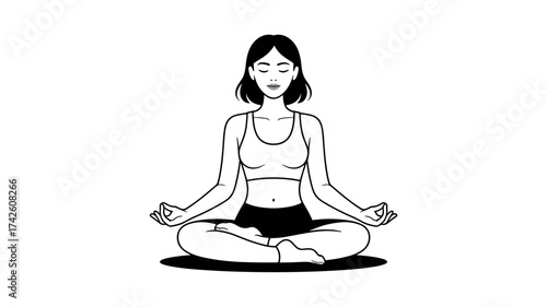 Serene woman practices mindful meditation for stress relief and inner peace, promoting wellness and healthy lifestyle in vector style