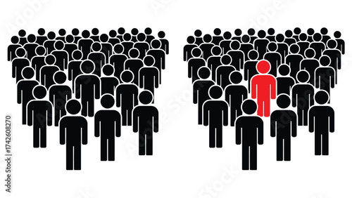 Crowd of People with One Red Person Standing Out Representing Leadership, Selection and Individuality Vector Illustration