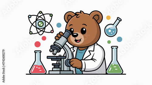Adorable bear scientist conducting experiment, educational science themed artwork perfect for children's learning materials and engaging science content