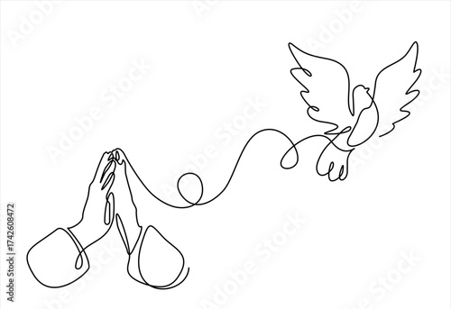 Continuous single one line drawing of Man Hands Pressed Together in Prayer Position and Flying Dove. Pray for peace. Action for Prayer, Gratitude and Thankful. Editable line. Hand drawn one line 