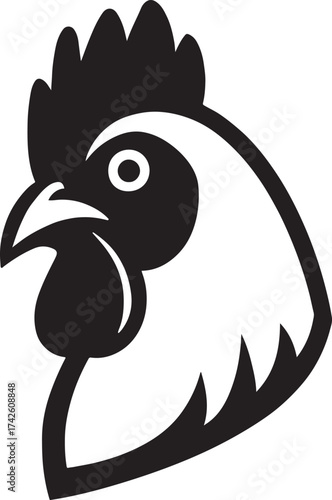 Stylized black and white illustration of a rooster head with a bold outline