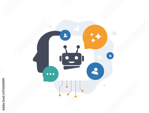 Agentic AI personalization vector illustration. Autonomous bots crafting customer journeys with data streams and adaptive interfaces for hyper-targeted ai marketing campaigns and digital strategies