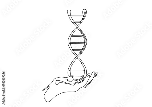 One continuous line drawing of hand holding DNA . Can used for logo, emblem, slide show and banner. Editable line. Hand drawn one line vector.