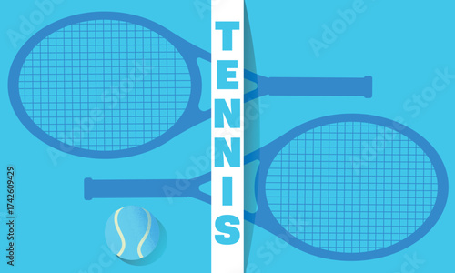Tennis, horizontal poster, sports school decor, tennis club, training, racquet sports training. Vector design: two rackets, ball, lettering, active lifestyle concept, competition