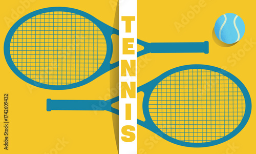 Tennis World Championship poster, racquet sports competition banner, minimalist flat illustration, two rackets, a ball, and lettering. Sports store decor, tennis accessories, training, education