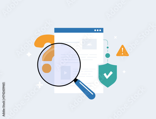 Disinformation security tools. Shields blocking deepfake icons and AI-generated misinformation flows. Governance platforms for ethical tech in business communication and brand protection illustration