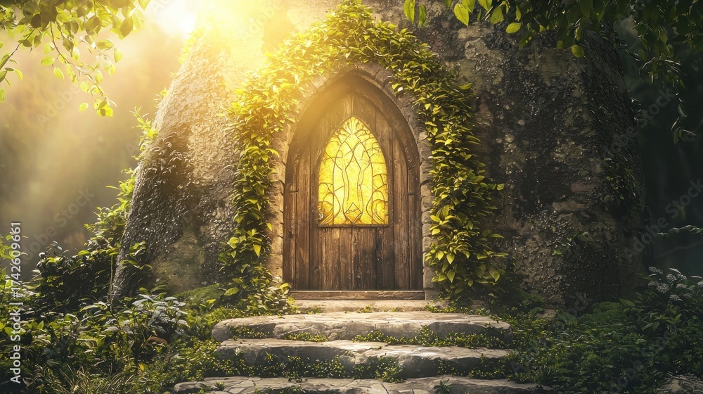 Fototapeta premium A mystical, ancient stone door with a stained glass window, surrounded by lush greenery and sunlight, leading to a hidden, enchanted realm.