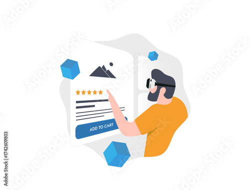 Spatial computing e-commerce vector illustration. AR try-ons in virtual stores with IoT integrations, boosting omni-channel experiences for immersive shopping and customer engagement in retail tech
