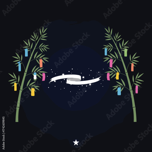 A peaceful night sky with bamboo branches adorned with colorful streamers for a festival.