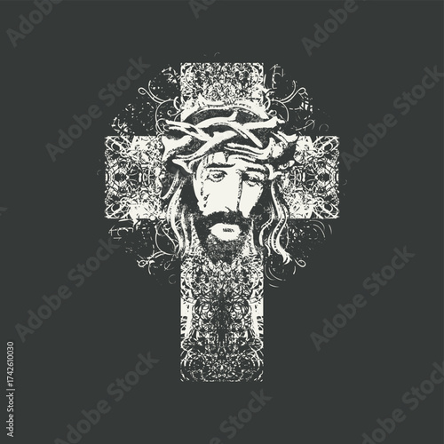 Easter banner with Christian Catholic cross on the shroud with a portrait of crying Jesus Christ in a crown of thorns. Religious illustration, logo. Grunge t-shirt desig. No ai