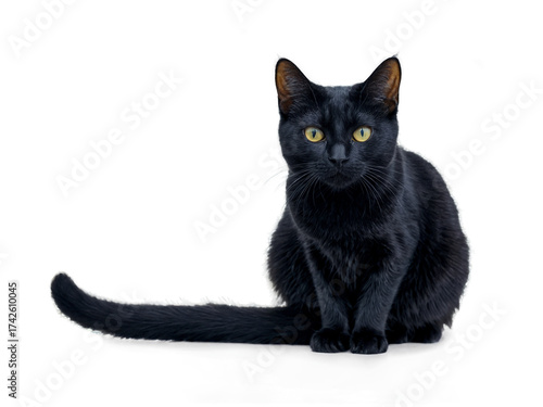 Striking Black Cat with Yellow Eyes Sitting Isolated on White Background