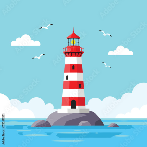 A tall striped lighthouse stands on a rocky island in the ocean with seagulls flying above.