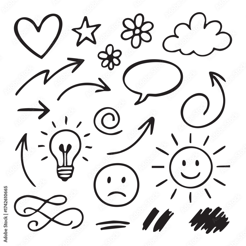 Fototapeta premium Assorted Hand Drawn Doodle Elements Collection of Various Shapes and Styles Including Arrows, Stars, Hearts, and Emoticons