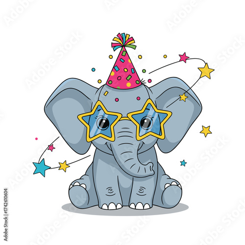 A cute elephant wearing a party hat and star shaped glasses celebrates with confetti and stars.