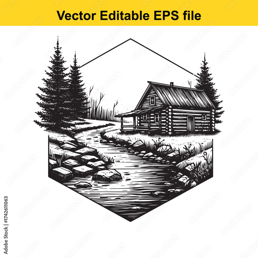 Obraz premium Vector art of rustic log cabin nestled by a stream in a forest landscape