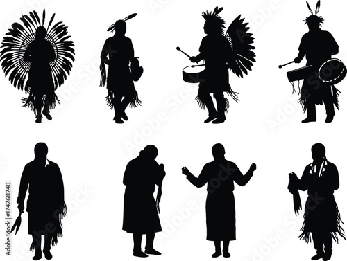 Native American silhouette in traditional attire, feather headdress, ceremonial dance, cultural heritage vector illustration for tribal celebration concept